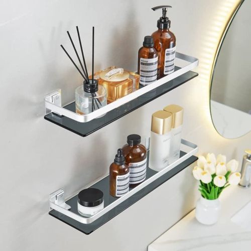Bathroom Wall Shelves 15.7 in Glass Bathroom Shelf Silver Floating Shelves Tempered Glass Shelves for Shower Wall Mounted Bathroom Wall Shelves 15.7 in Glass Bathroom Shelf Silver Floating Shelves Tempered Glass Shelves for Shower Wall Mounted