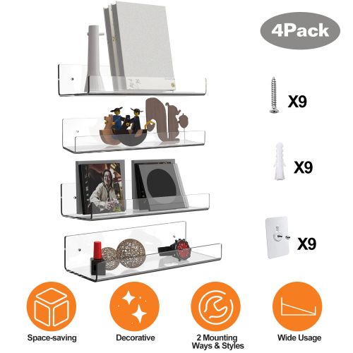 4 Pack 15In Clear Acrylic Floating Shelves Bookshelves with 2 Mounting Ways Wall Mounted Organizer for Kitchen Bathroom Study Living Room Bedroom Offi 4 Pack 15In Clear Acrylic Floating Shelves Bookshelves with 2 Mounting Ways Wall Mounted Organizer for Kitchen Bathroom Study Living Room Bedroom Offi